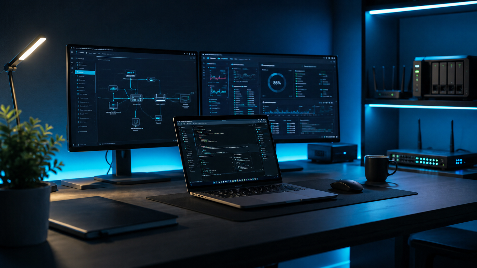 Moderner IT-Arbeitsplatz mit Netzwerk- und WLAN-Technik